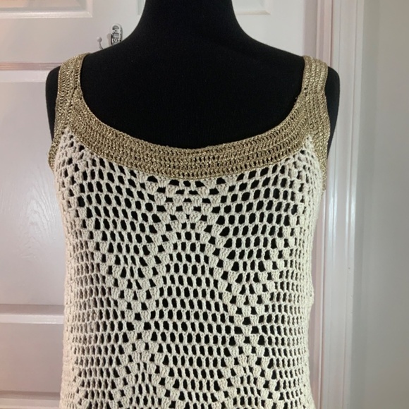 Boston Proper Gold Metallic Crochet Fishnet Ivory Boho Tank Mini Dress Size 2 - Picture 3 of 9